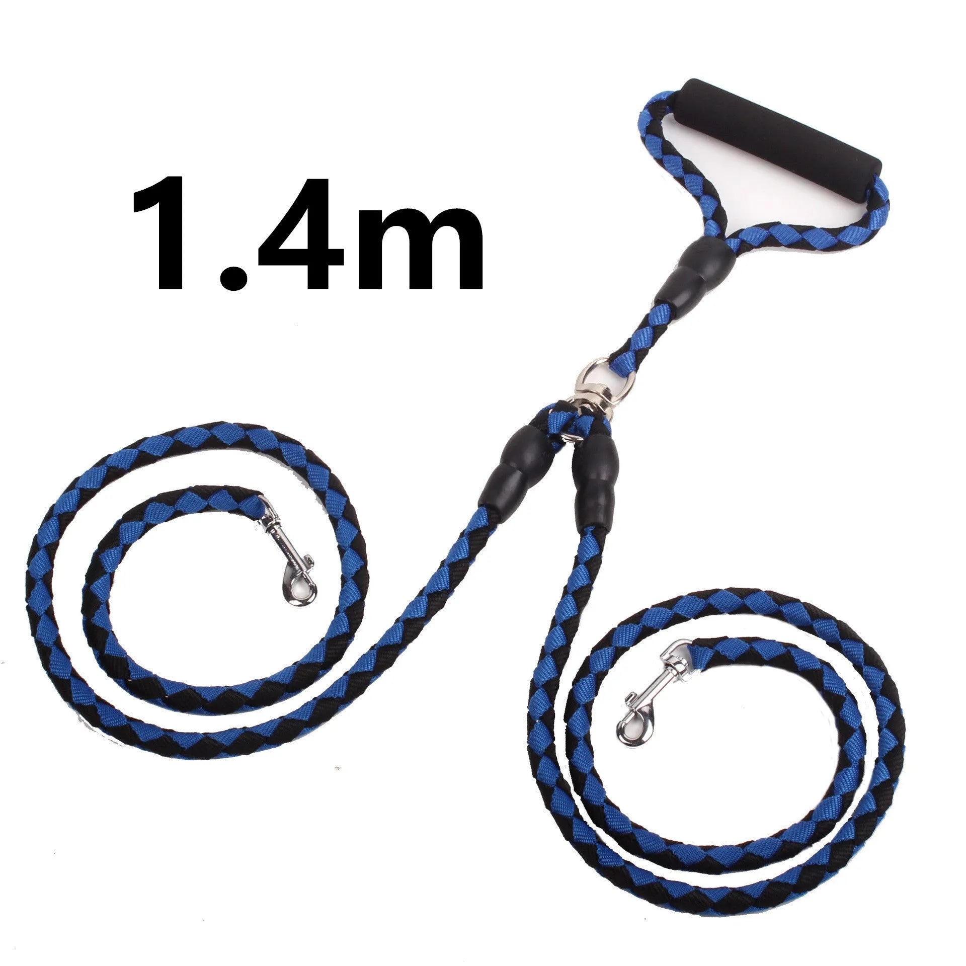 Double-ended dog leash with reflective threads and padded handle in blue colour