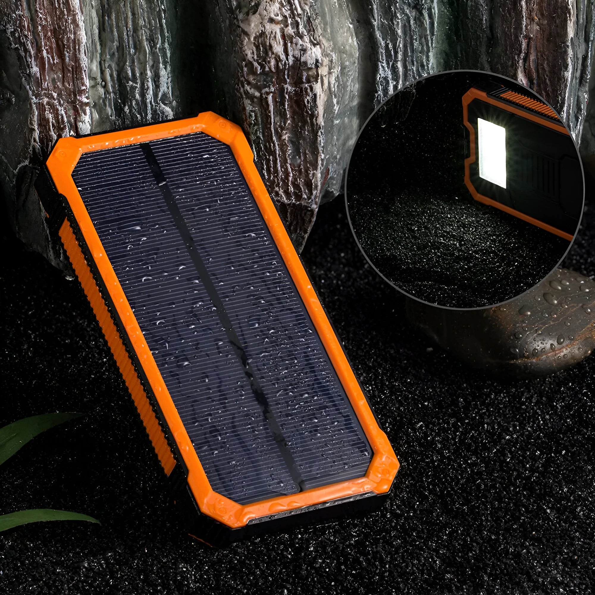 Orange three-proof solar power bank showing solar panel and USB ports