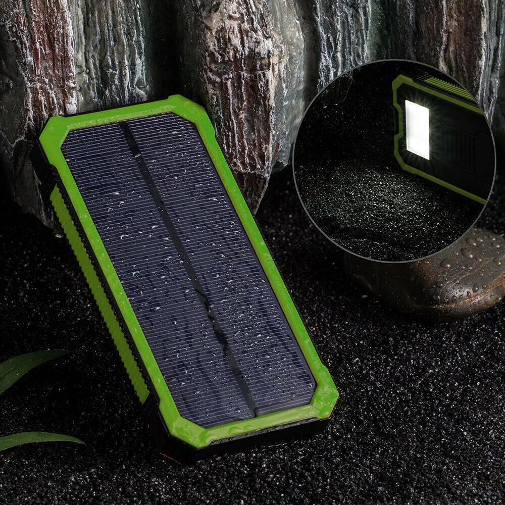 Orange three-proof solar power bank showing solar panel and USB ports