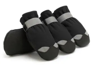 Winter dog shoes reflective waterproof pet boots with fleece lining in black, orange, and red