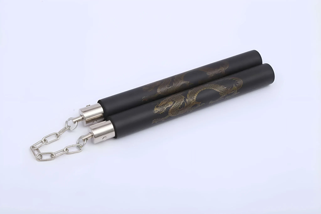 Red sponge nunchakus showing 28cm stick length and iron chain connection for martial arts training