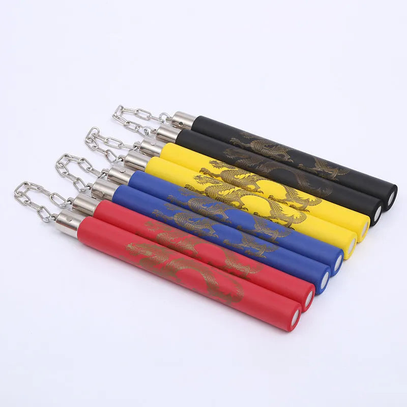 Red sponge nunchakus showing 28cm stick length and iron chain connection for martial arts training