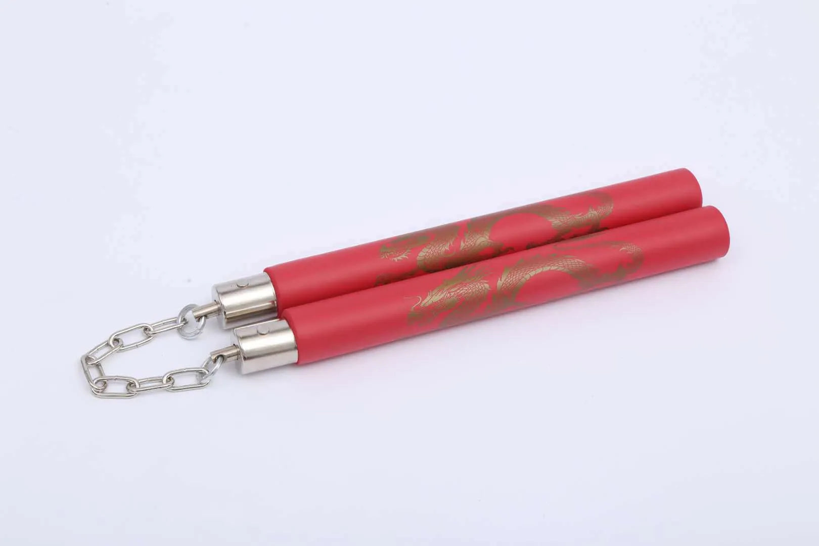 Red sponge foam nunchakus with two 28 cm sticks connected by 16 cm chain for martial arts training