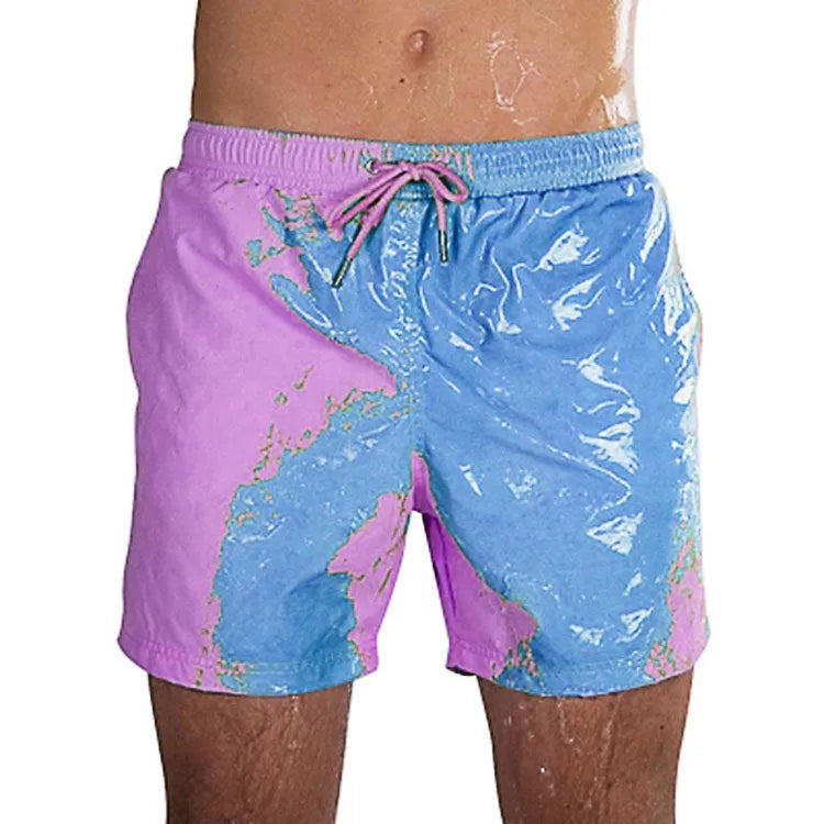 Magical colour-changing beach shorts for men in blue, with drawstring waist and quick-dry polyester fabric
