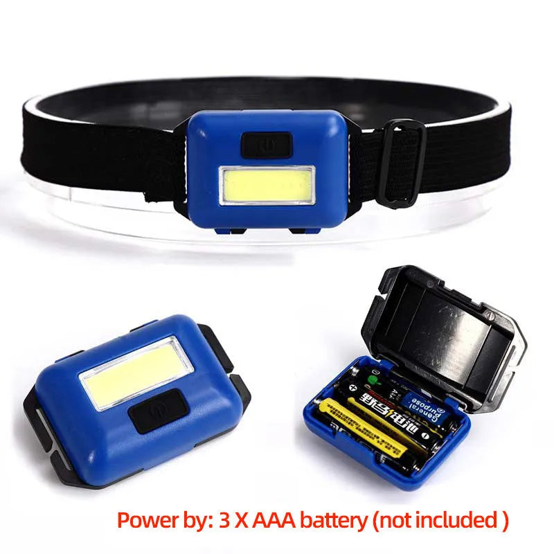 Compact black outdoor LED headlight with head strap and three light mode button.