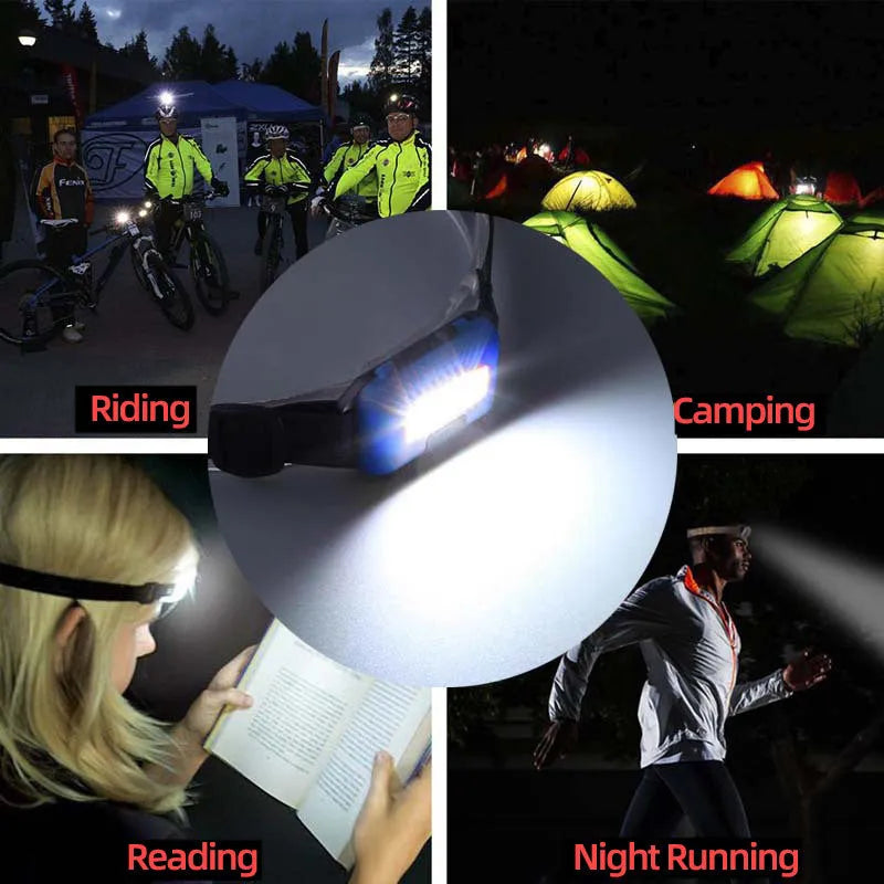 Compact black outdoor LED headlight with head strap and three light mode button.