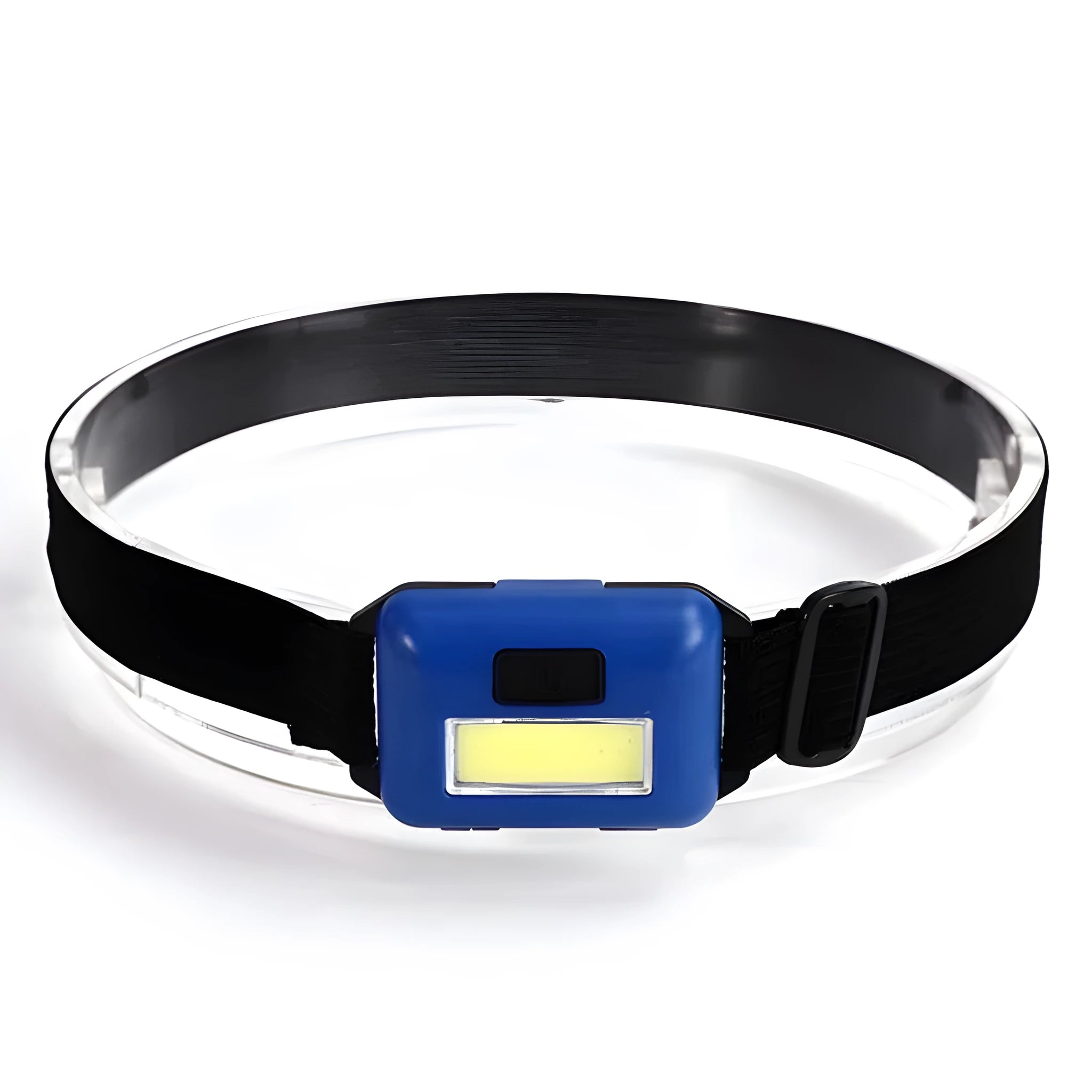 Compact black outdoor LED headlight with head strap and three light mode button.