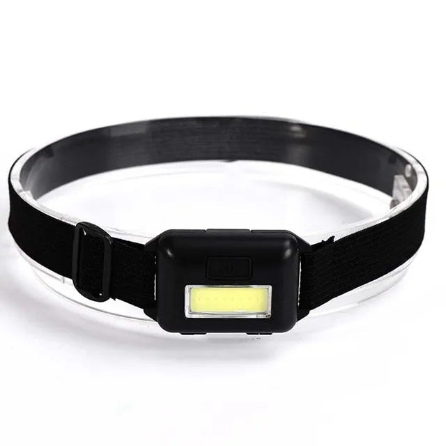 Compact blue, black, or red LED headlamp with a polyester head strap, showing 3W COB bulb.