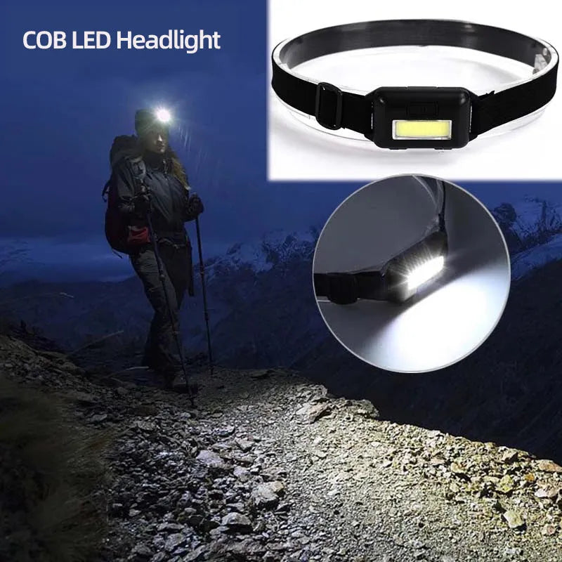 Compact black outdoor LED headlight with head strap and three light mode button.