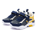 Children's lightweight Velcro shoes with space leather upper and EVA sole in grey blue yellow