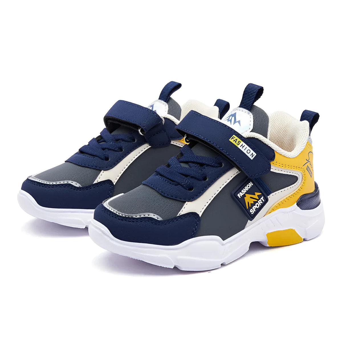 Children's lightweight Velcro shoes with space leather upper and EVA sole in grey blue yellow