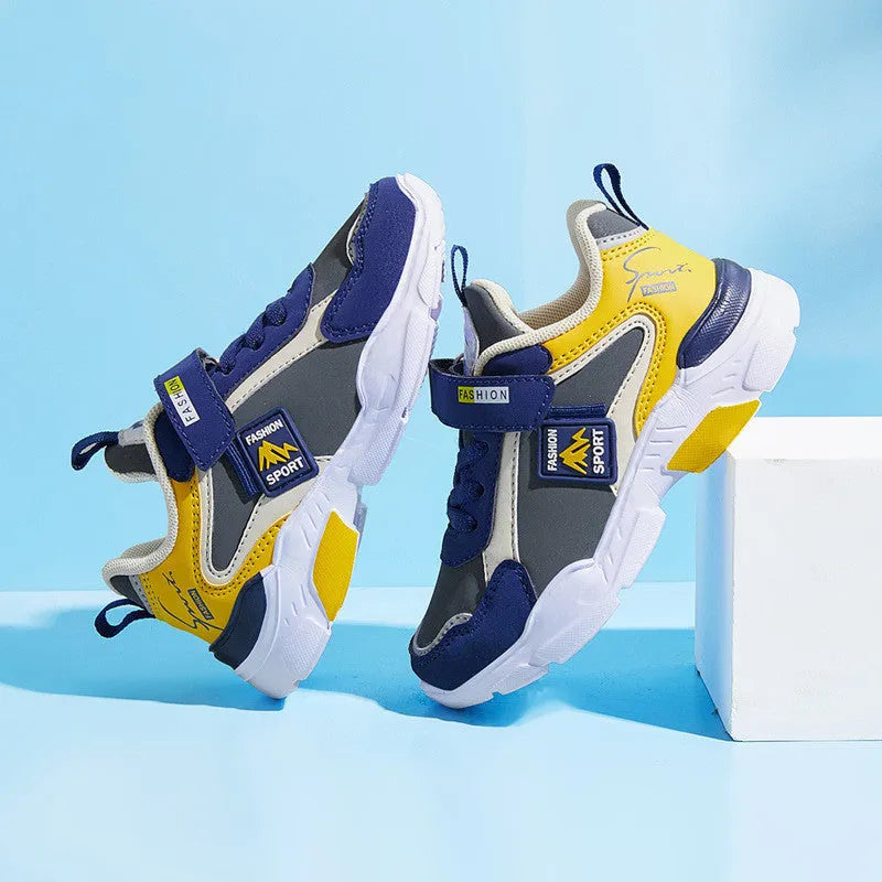 Children's lightweight Velcro shoes with space leather upper and EVA sole in grey blue yellow