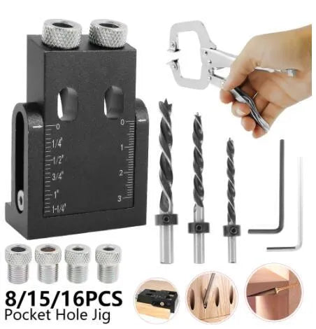 Black aluminium woodworking perforation locator tool with 15-degree angle and drill bits
