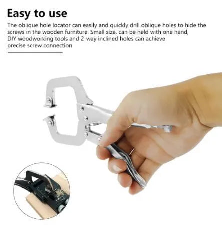 Black aluminium woodworking perforation locator tool with 15-degree angle and drill bits