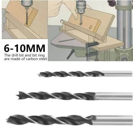 Black aluminium woodworking perforation locator tool with 15-degree angle and drill bits