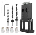 Black aluminium woodworking perforation locator tool with 15-degree angle and drill bits