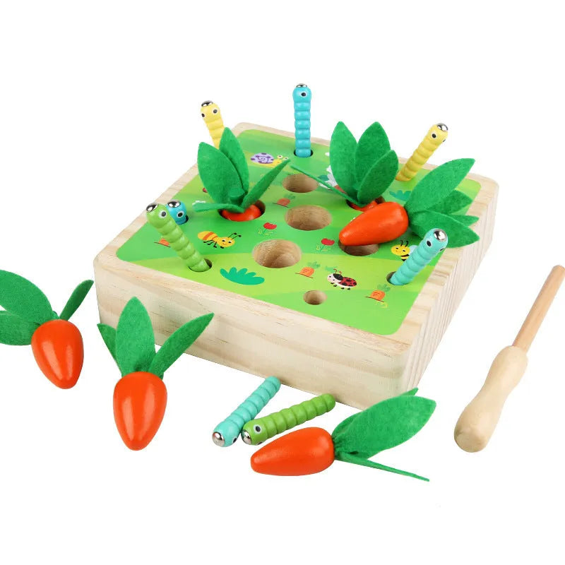 Wooden pull carrot puzzle toy for children's early education, one set of wooden blocks in a colour box
