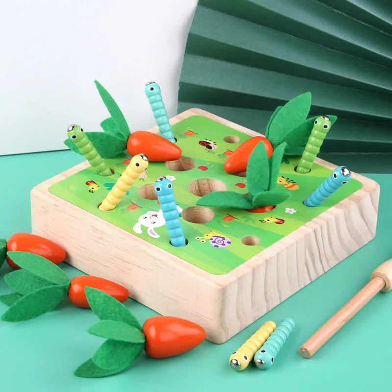 Wooden pull carrot puzzle toy for children's early education, one set of wooden blocks in a colour box