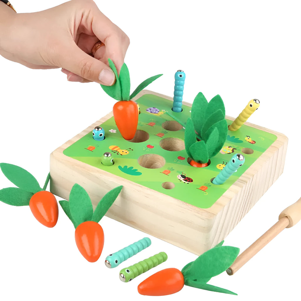 Wooden pull carrot puzzle toy for children's early education, one set of wooden blocks in a colour box