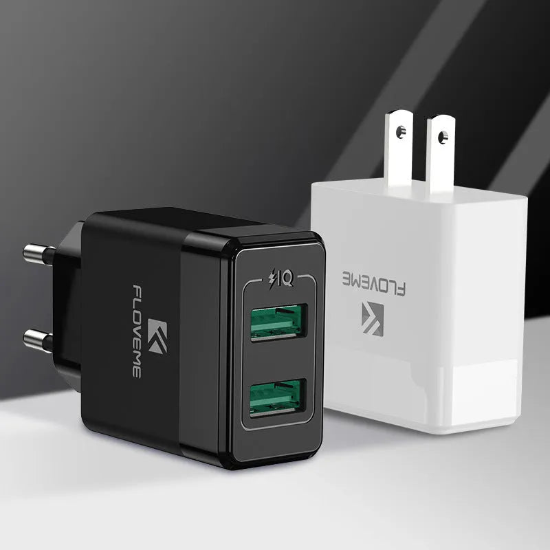 Black and white travel charger with European and American plugs for mobile phone USB fast charging