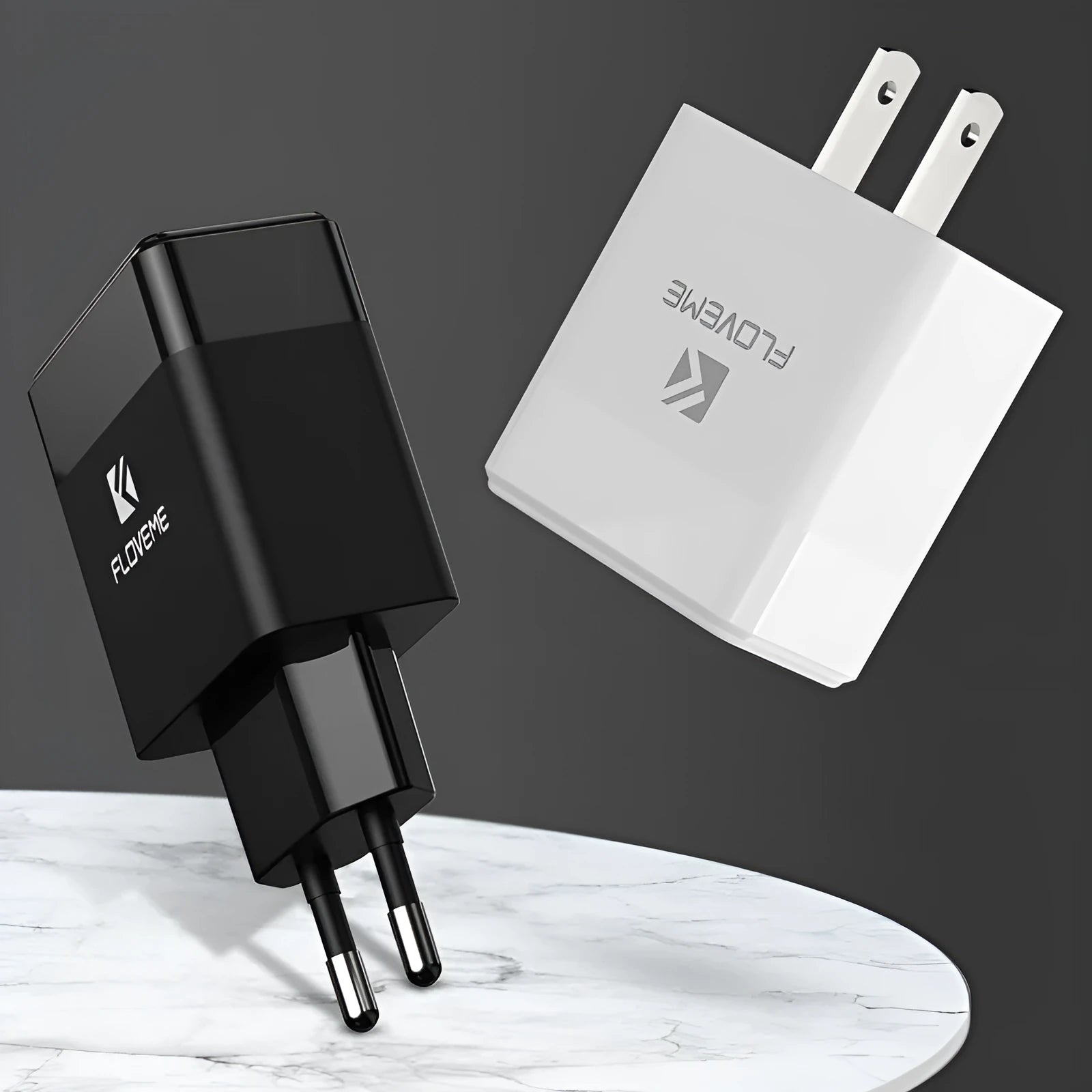 Black and white travel charger with European and American plugs for mobile phone USB fast charging