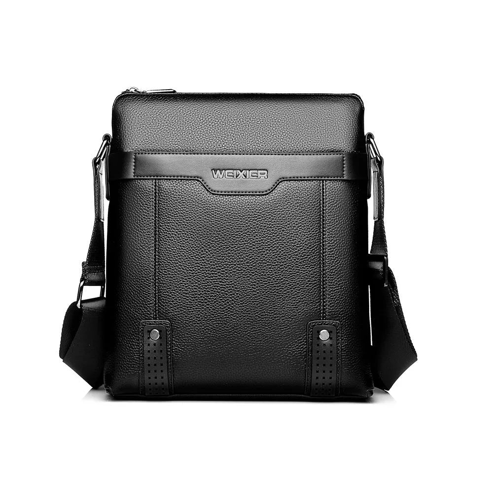 A black men's casual shoulder bag made from soft PU leather with a square shape and single strap.