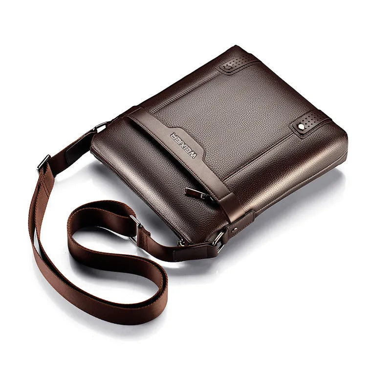A black men's casual shoulder bag made from soft PU leather with a square shape and single strap.