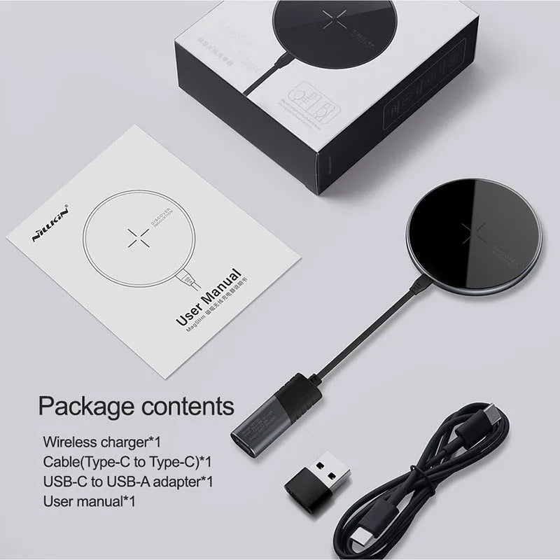Black MagSlim magnetic wireless charger with foldable kickstand on aluminium housing