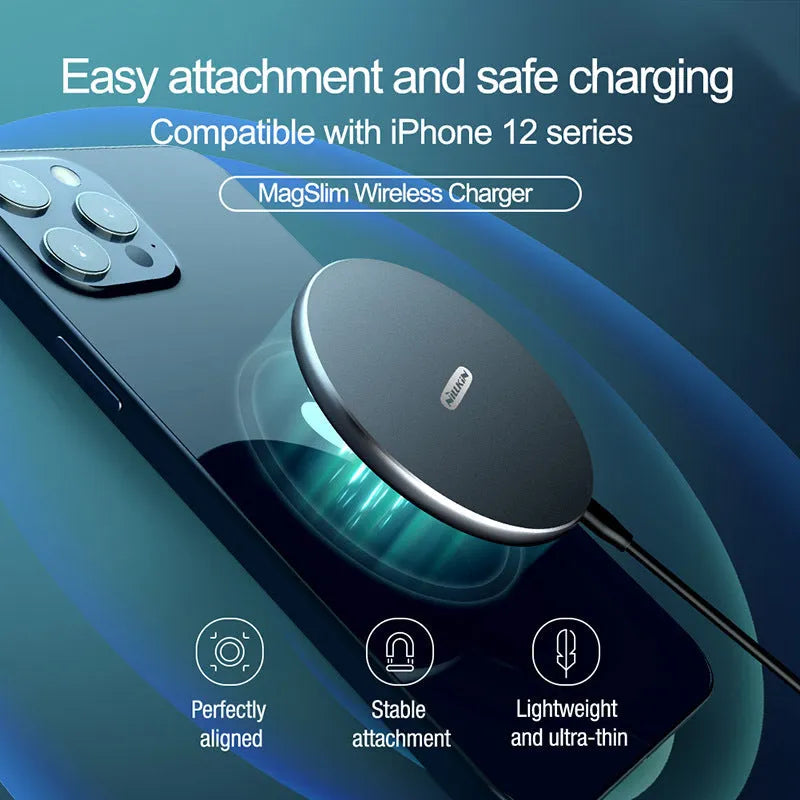 Black MagSlim magnetic wireless charger with foldable kickstand on aluminium housing