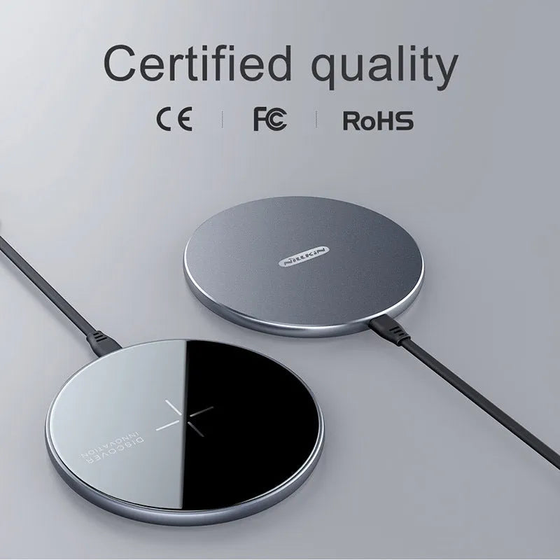 Black MagSlim magnetic wireless charger with foldable kickstand on aluminium housing