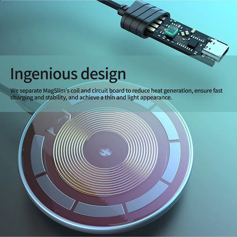 Black MagSlim magnetic wireless charger with foldable kickstand on aluminium housing