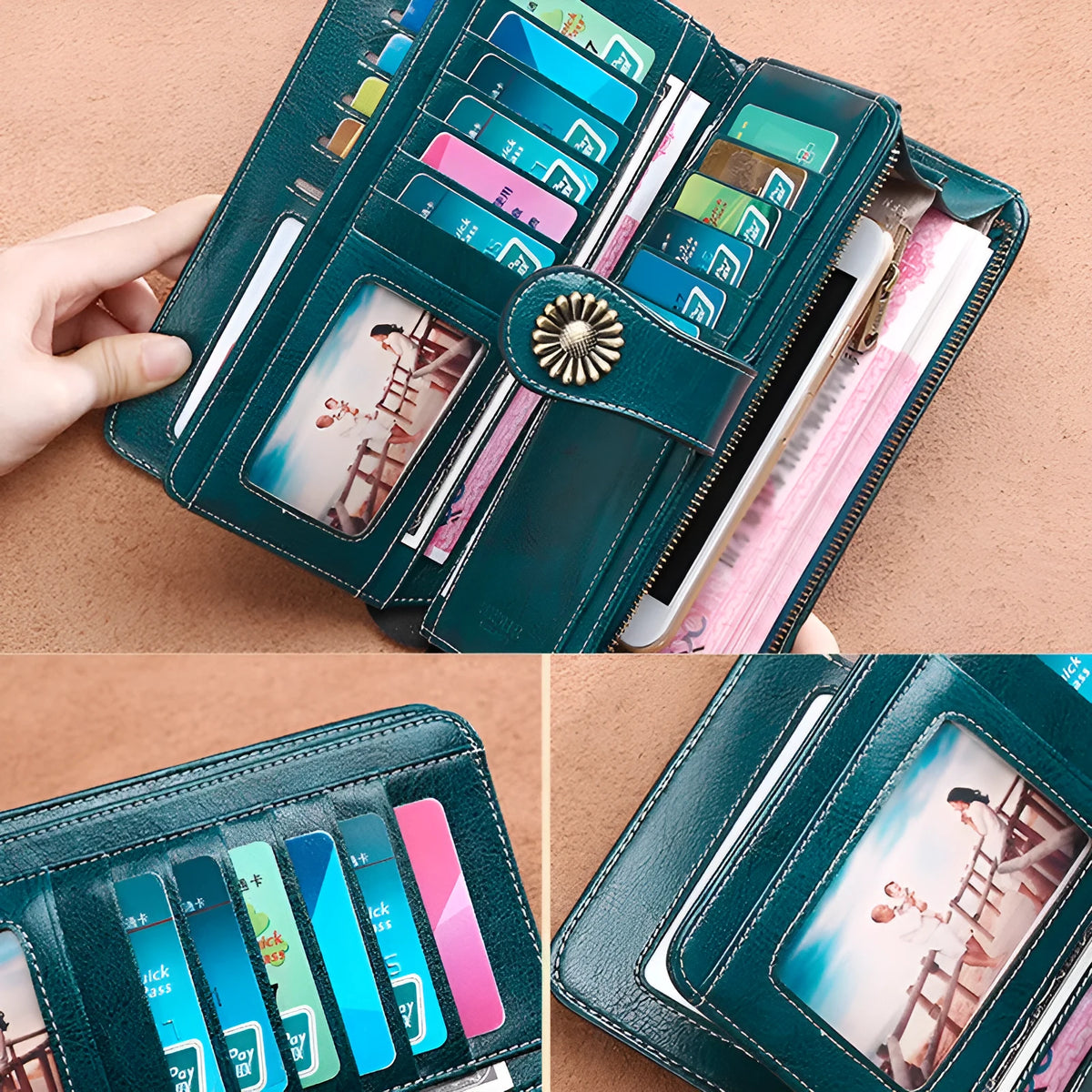 Women's long zipper leather wallet in solid colour with card, banknote and photo compartments