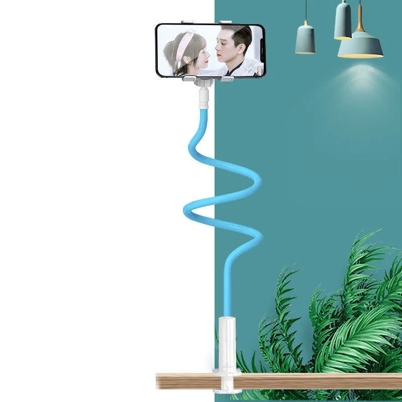 Bedside mobile phone holder with flexible memory alloy hose in blue colour holding a smartphone