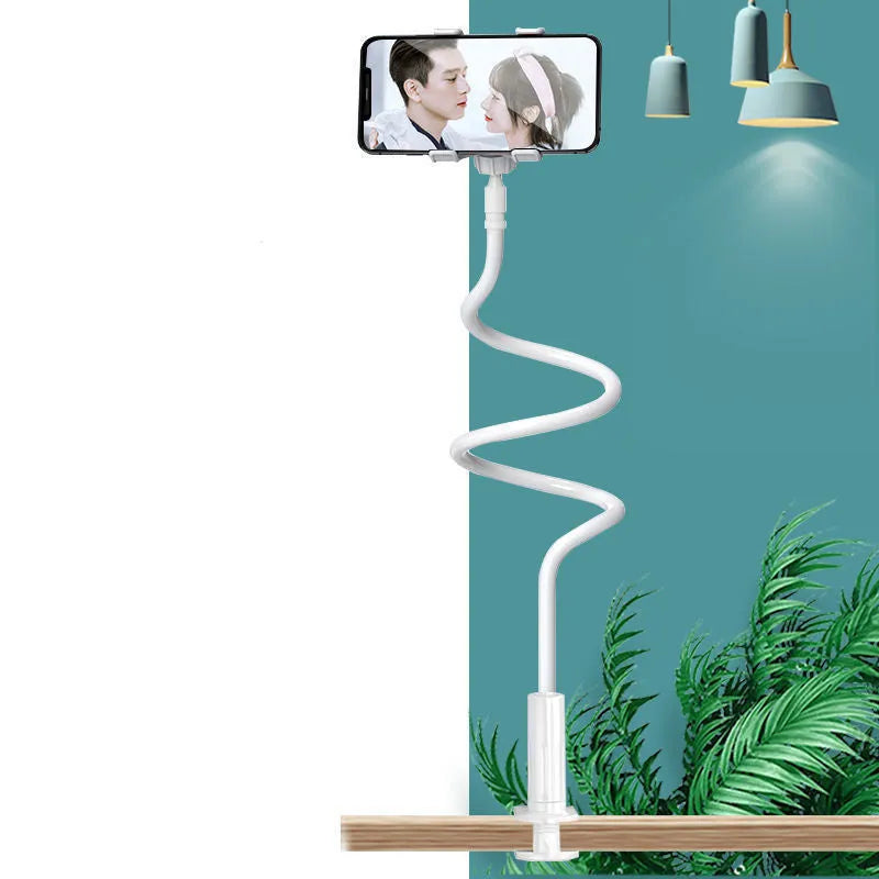 Bedside mobile phone holder with flexible memory alloy hose in blue colour holding a smartphone