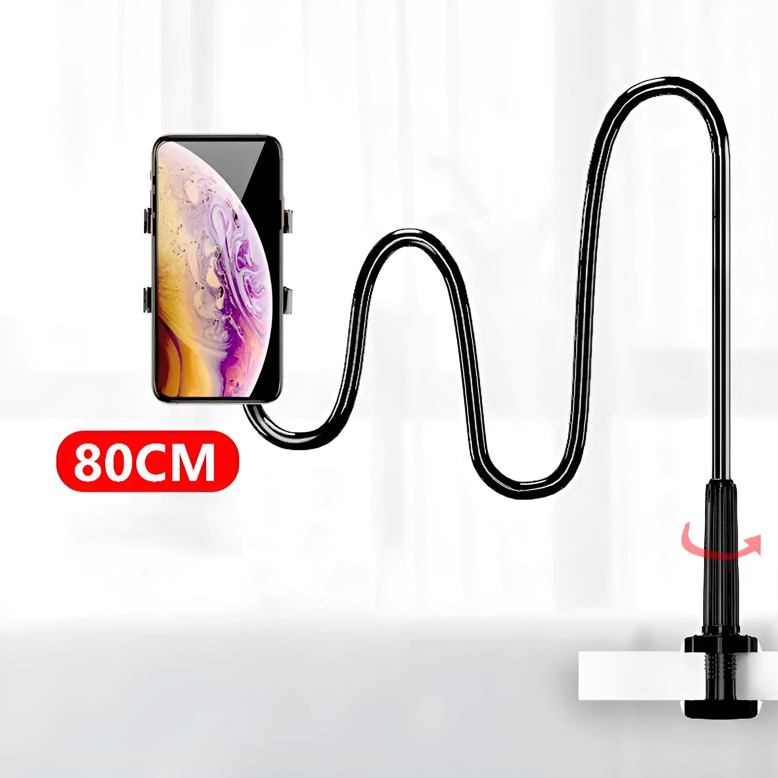 Bedside mobile phone holder with flexible memory alloy hose in blue colour holding a smartphone