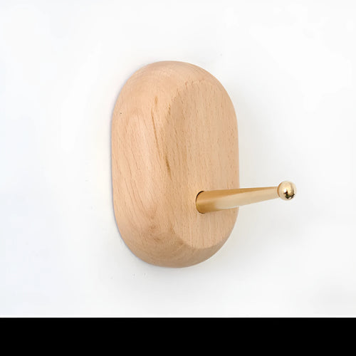 Beech wood adhesive wall hook with brass component in five shapes supporting 10kg load