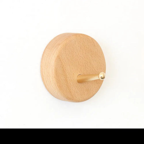 Beech wood adhesive wall hook with brass component in five shapes supporting 10kg load