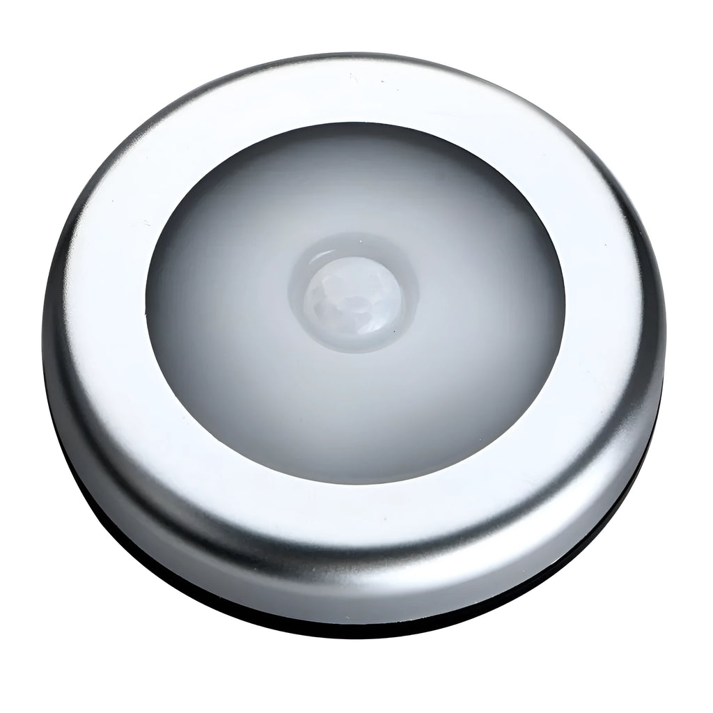 Silver wireless motion sensor night light with PC plastic lampshade measuring 80x80mm