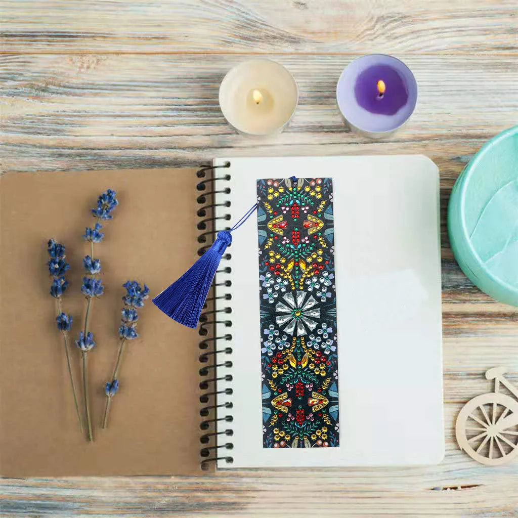 Diamond embroidered mandala flower design on leather bookmark with special-shaped round diamonds