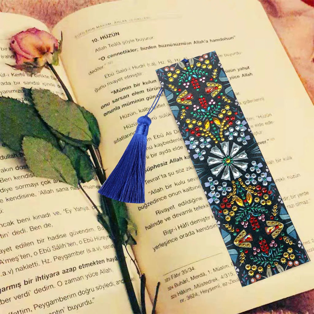 Diamond embroidered mandala flower design on leather bookmark with special-shaped round diamonds