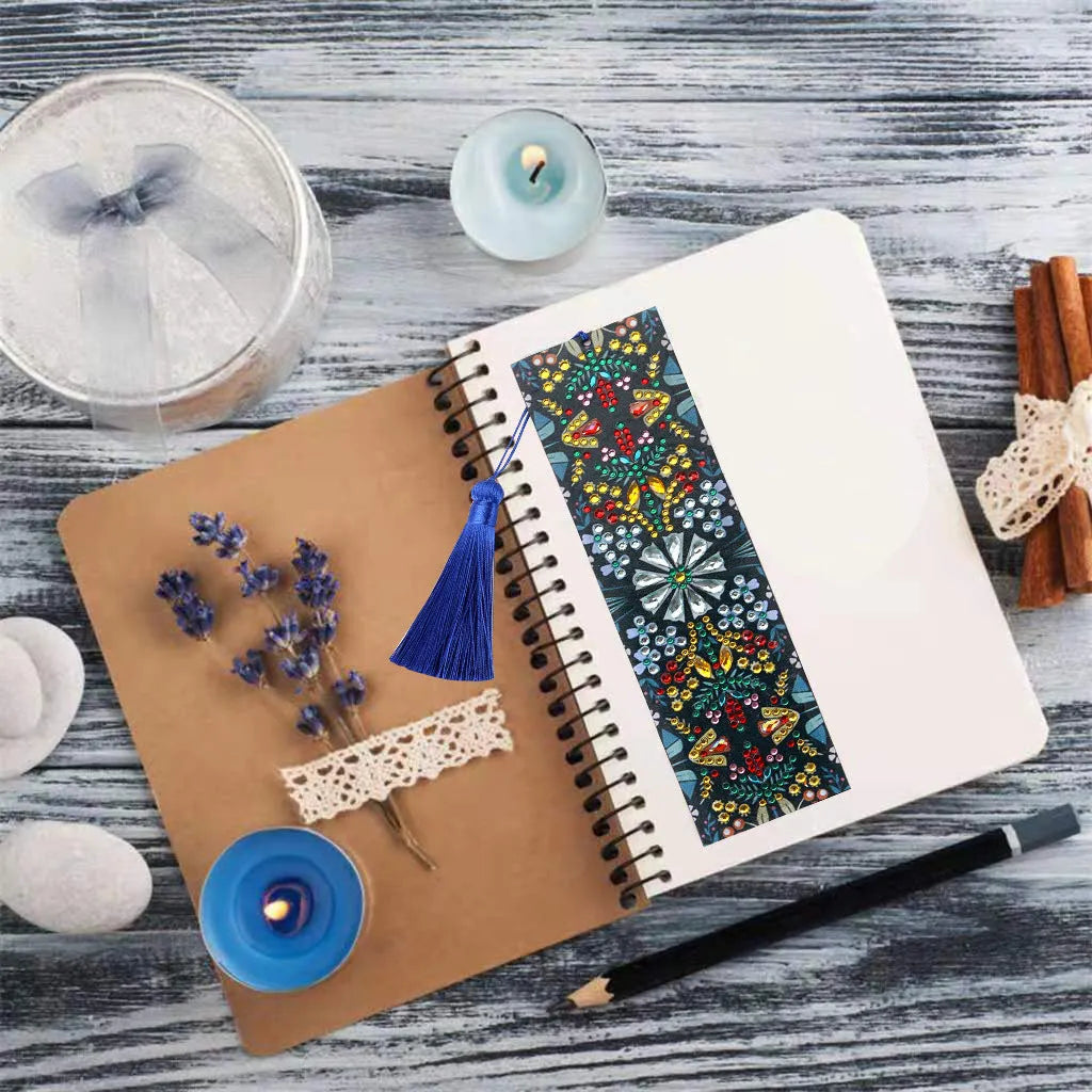 Diamond embroidered mandala flower design on leather bookmark with special-shaped round diamonds