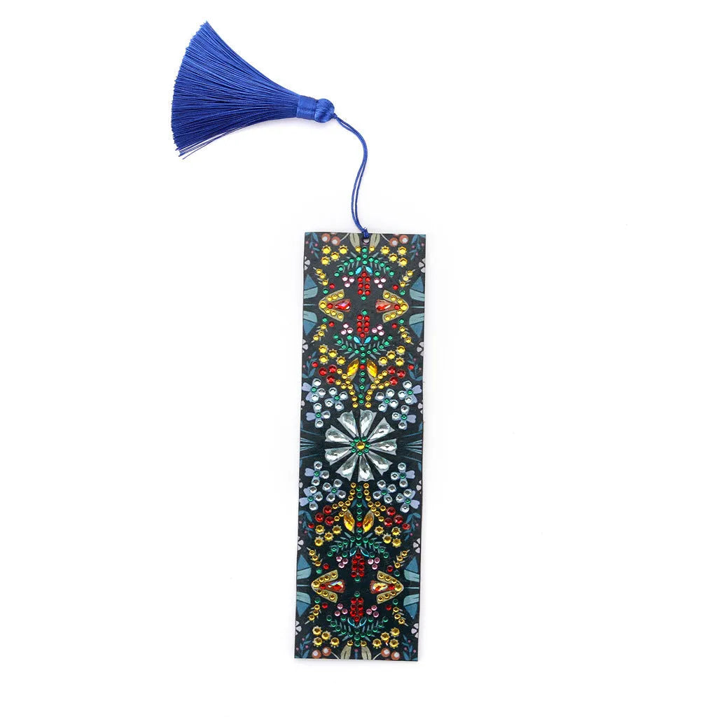 Diamond embroidered mandala flower design on leather bookmark with special-shaped round diamonds