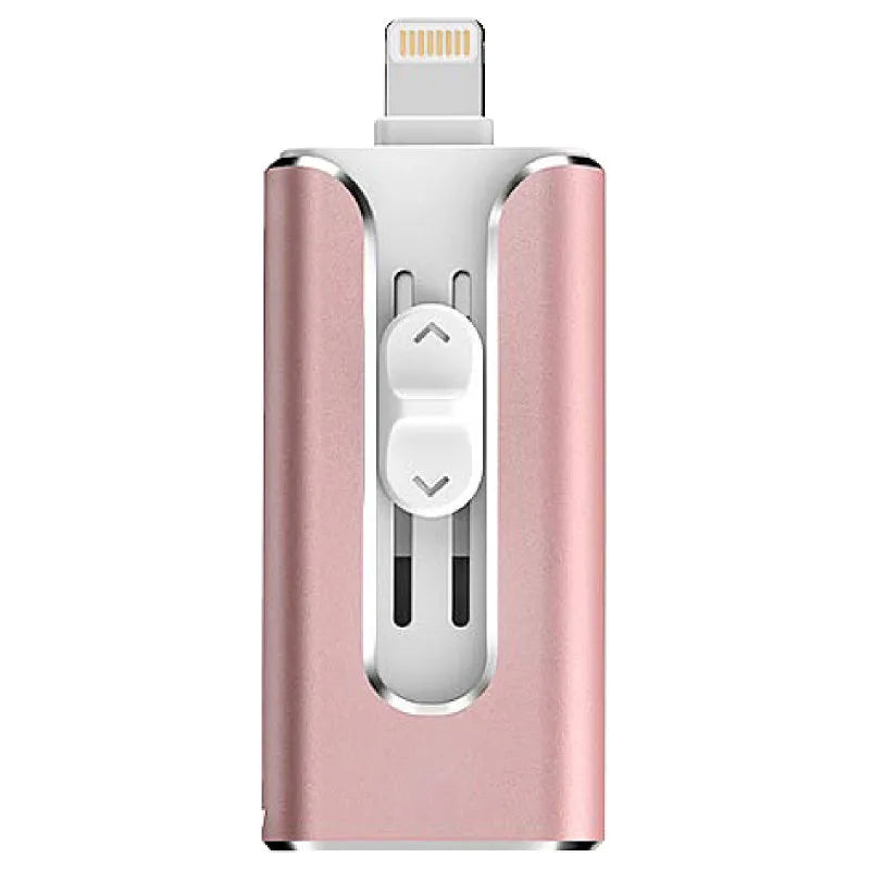 Silver metal USB flash drive with both a Lightning connector and a USB Type-A connector
