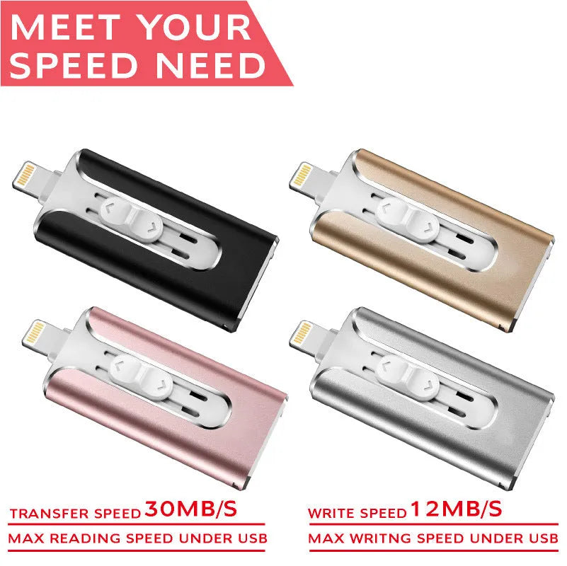A compact metal USB flash drive with both a USB-A connector and a Lightning connector for iPhone and Android devices.