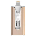 A compact metal USB flash drive with both a USB-A connector and a Lightning connector for iPhone and Android devices.