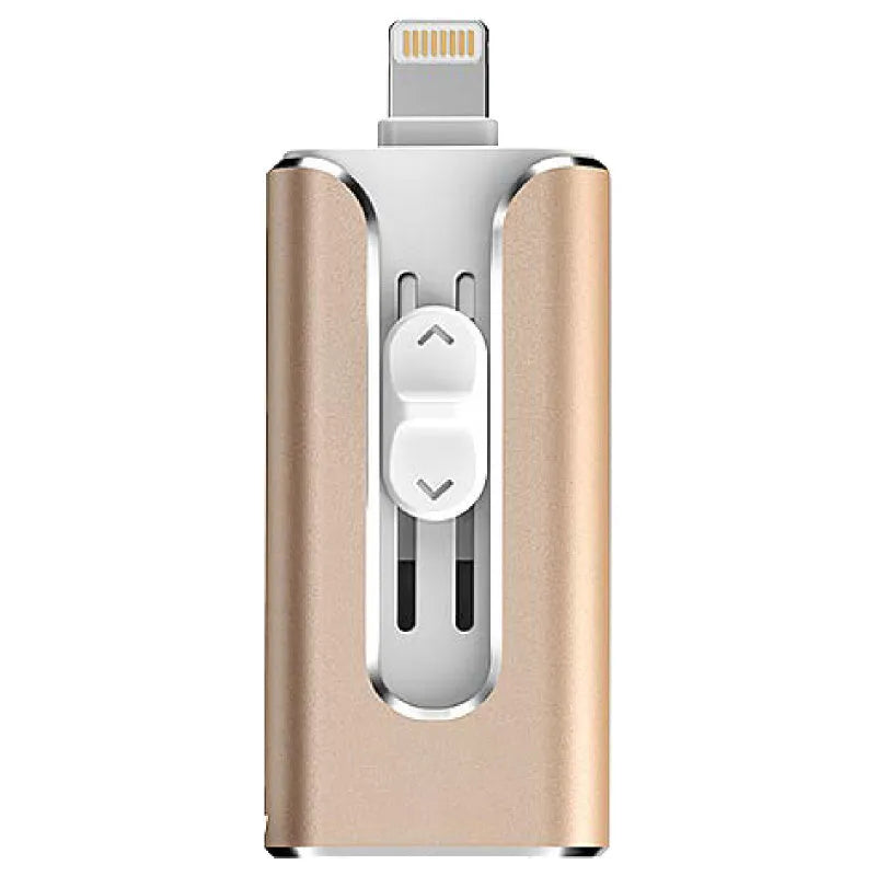 A compact metal USB flash drive with both a USB-A connector and a Lightning connector for iPhone and Android devices.
