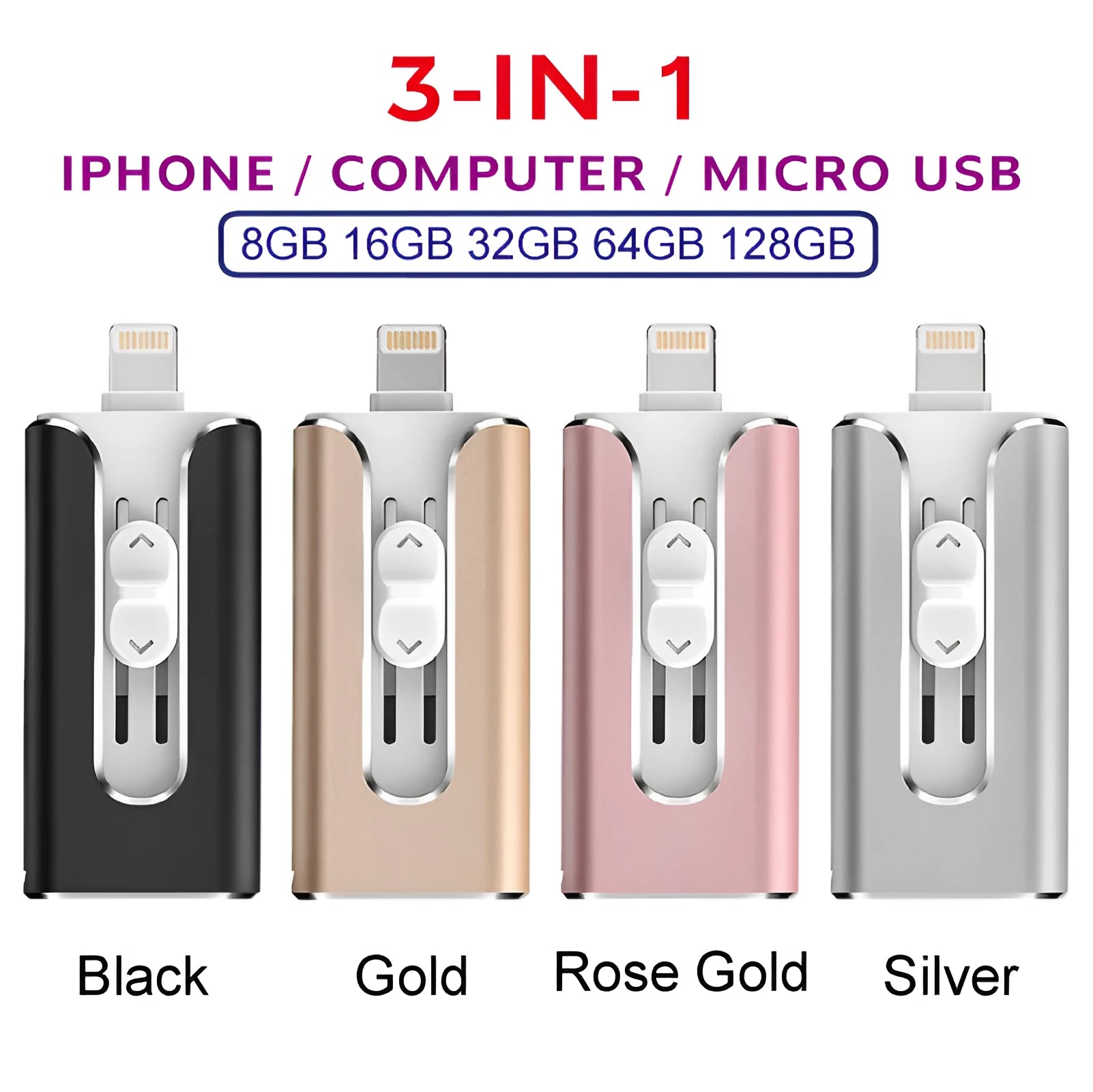 A compact metal USB flash drive with both a USB-A connector and a Lightning connector for iPhone and Android devices.