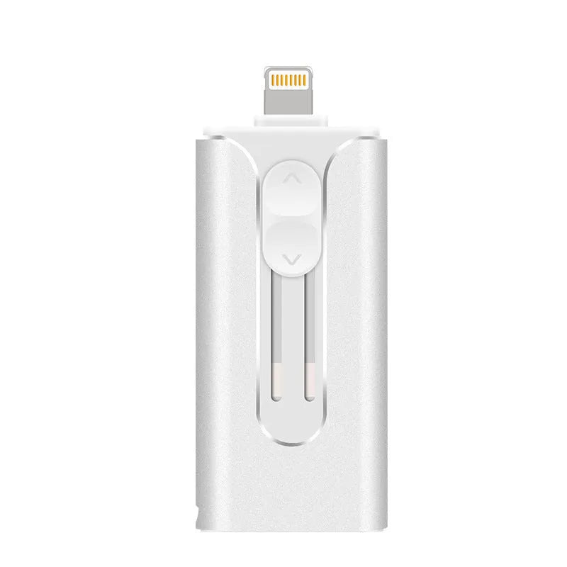 Silver metal USB flash drive with both a Lightning connector and a USB Type-A connector