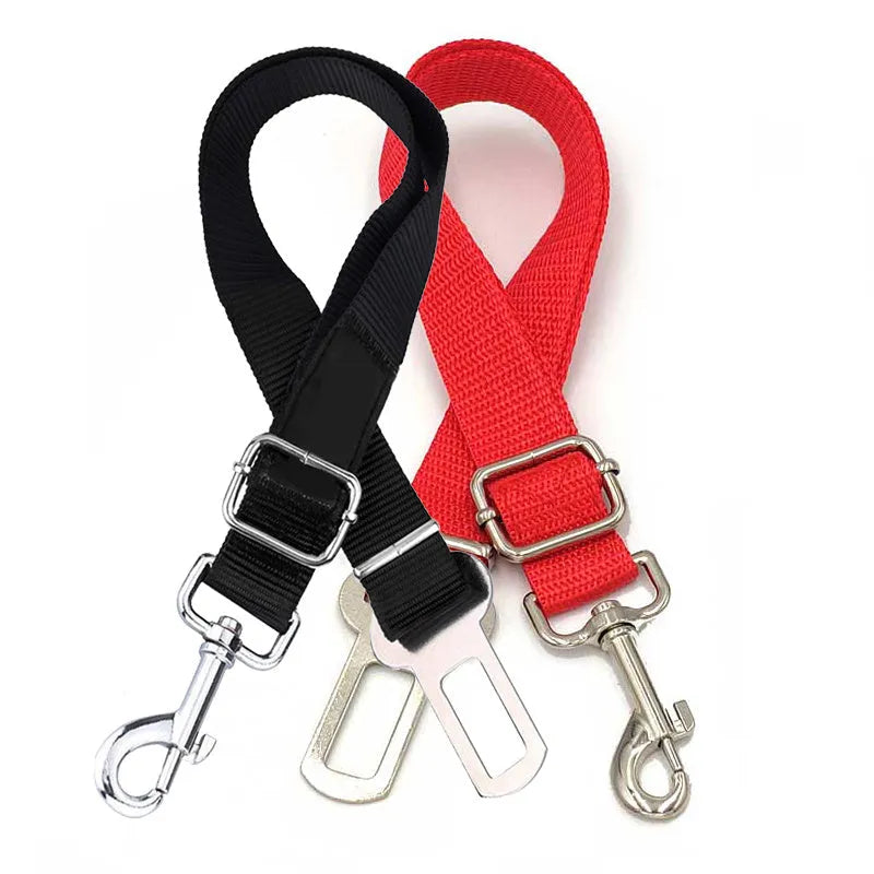 Dog car seat belt safety rope with buckle clip, shown in multiple colours including black, red, pink and blue.
