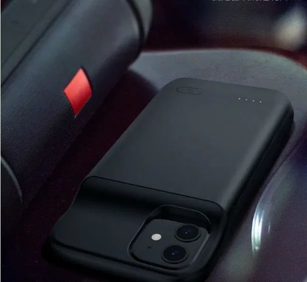 Black ultra-thin TPU soft case wireless back clip battery for iPhone 12 series phones.